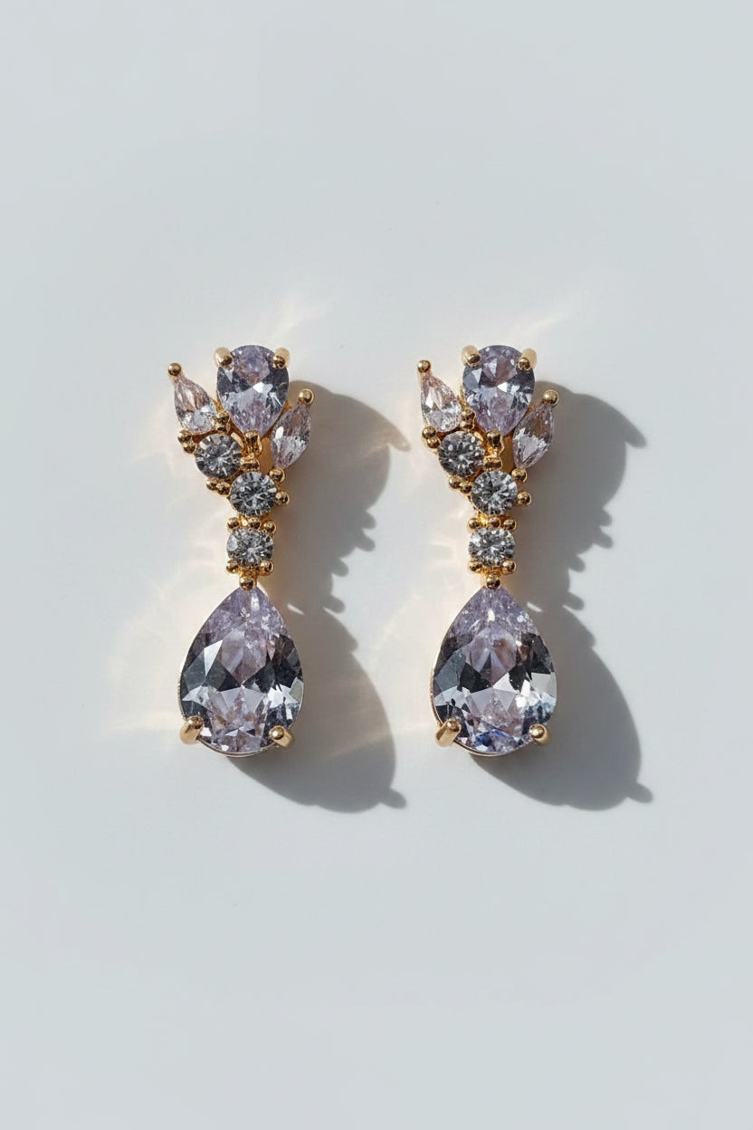 SEELE Blush Pear Drop Earrings, pale pear-cut zircon drops with marquise cluster on gold base
