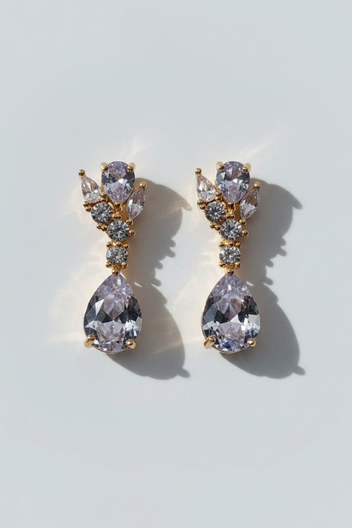 SEELE Blush Pear Drop Earrings, pale pear-cut zircon drops with marquise cluster on gold base