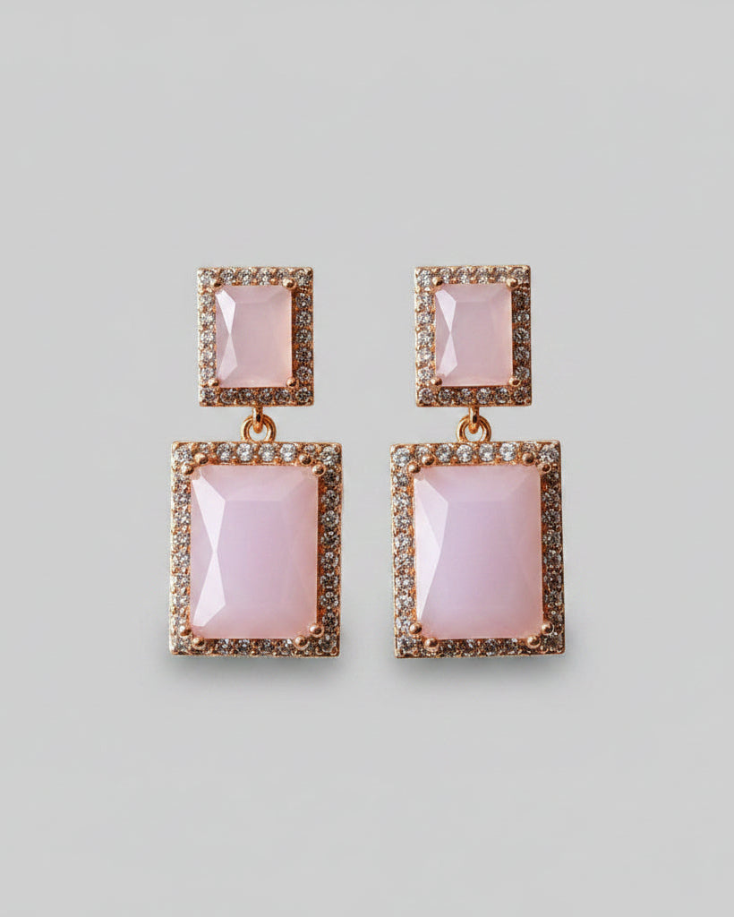 SEELE Rose Quartz Drop Earrings — frosted pink emerald-cut stones with pavé edging on rose gold base