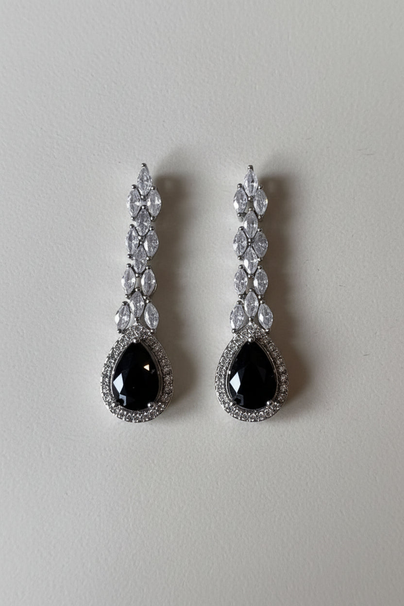SEELE Midnight Teardrop Earrings — deep blue teardrop zircon with marquise-cut clear stones on silver base