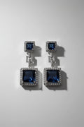SEELE Midnight Cascade Drop Earrings,  deep blue princess-cut zircon drops with pavé frames on silver base