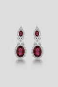SEELE Crimson Halo Drop Earrings — deep red oval zircon drops with clear stone halo on silver base